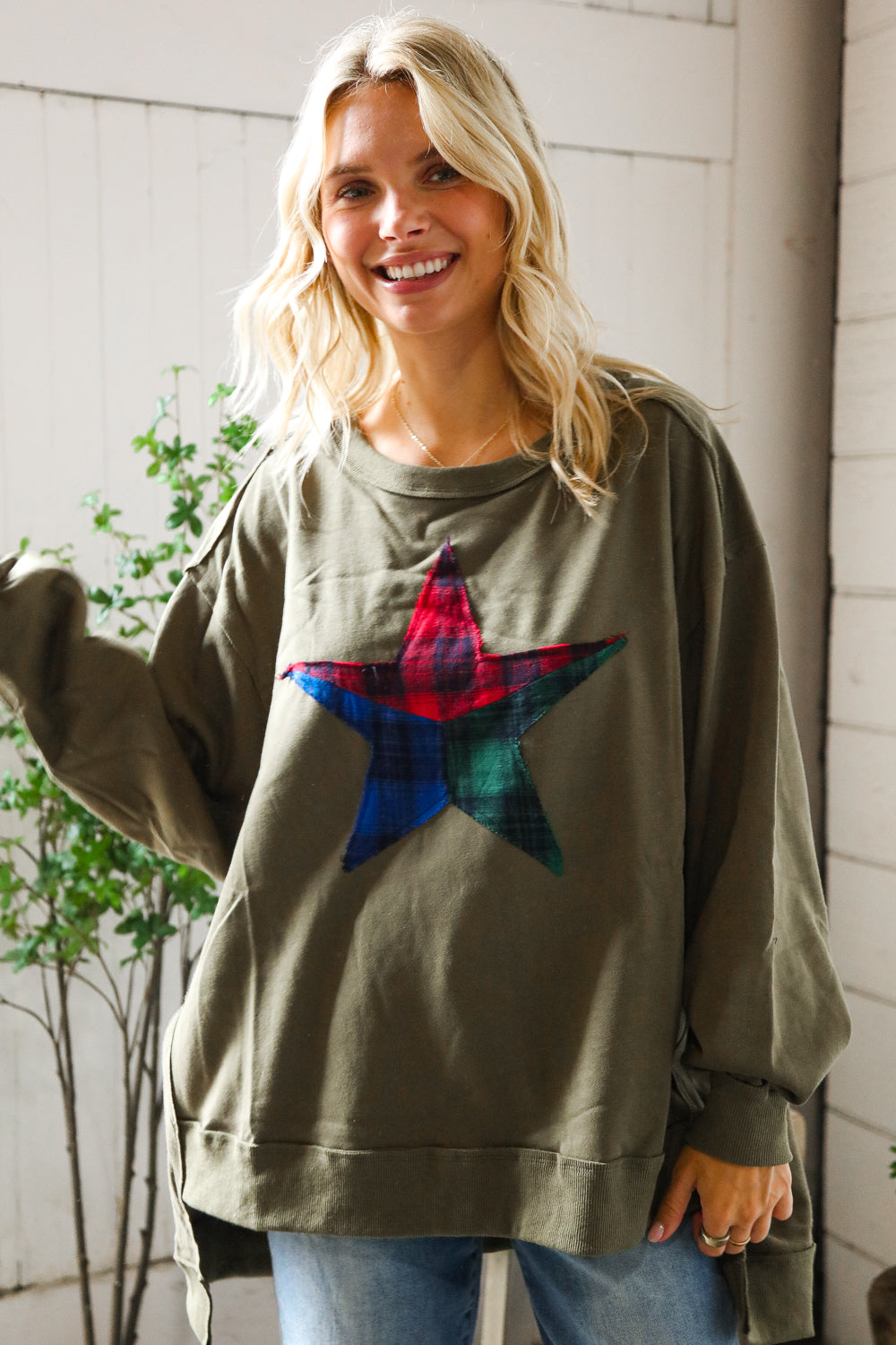 North Star Threads Olive and Plaid Pullover