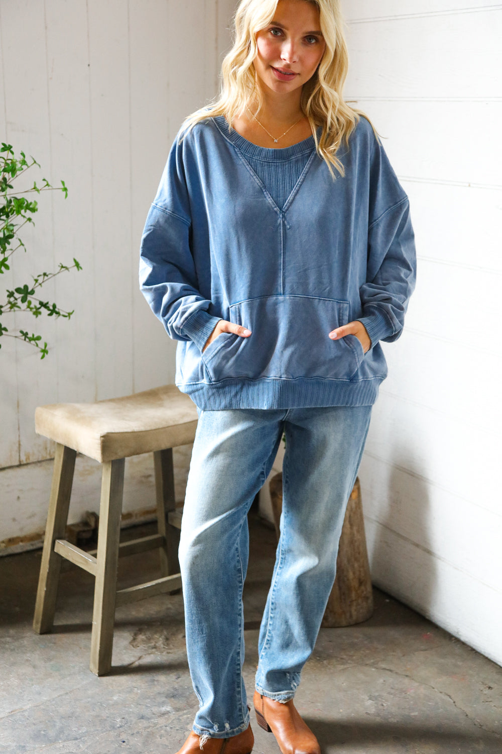 Washed and Worn Denim Ribbed Front Pocket Pullover