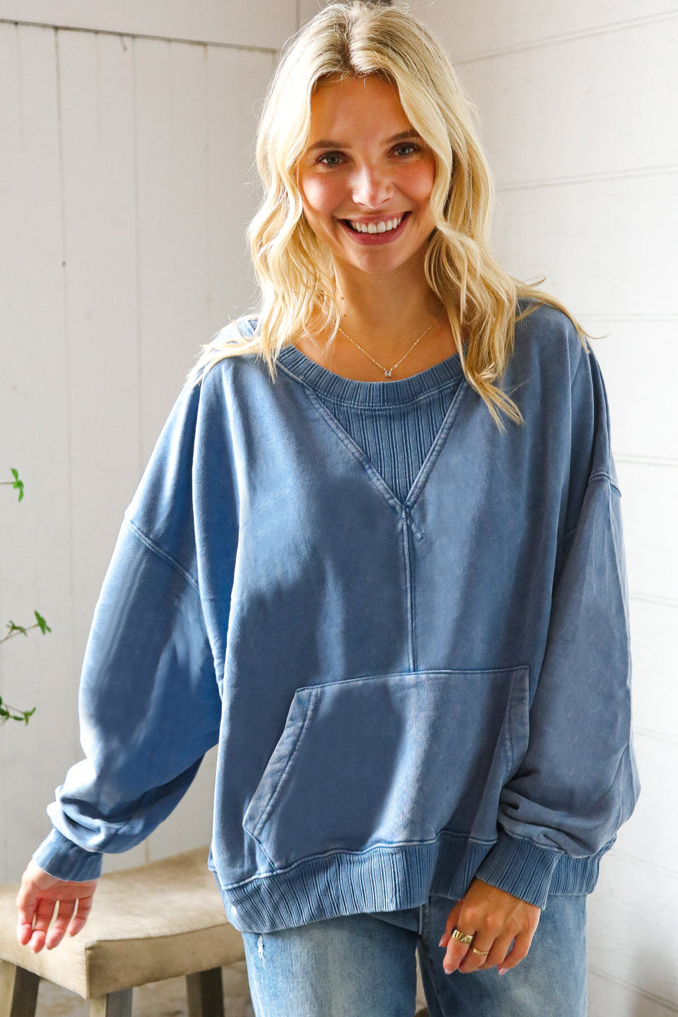 Washed and Worn Denim Ribbed Front Pocket Pullover