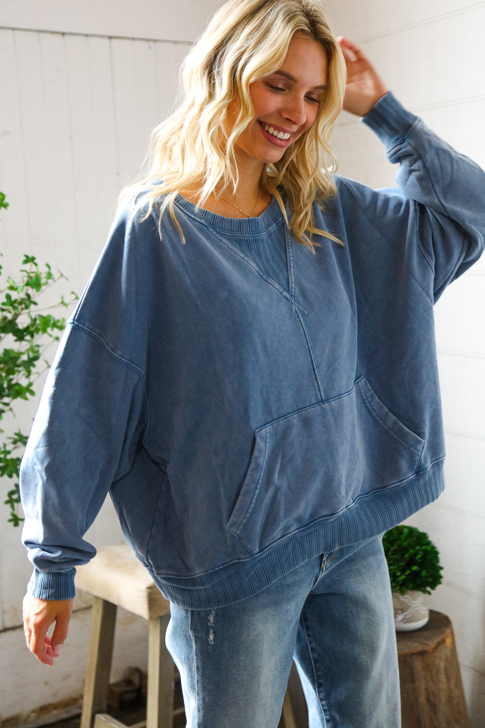 Washed and Worn Denim Ribbed Front Pocket Pullover