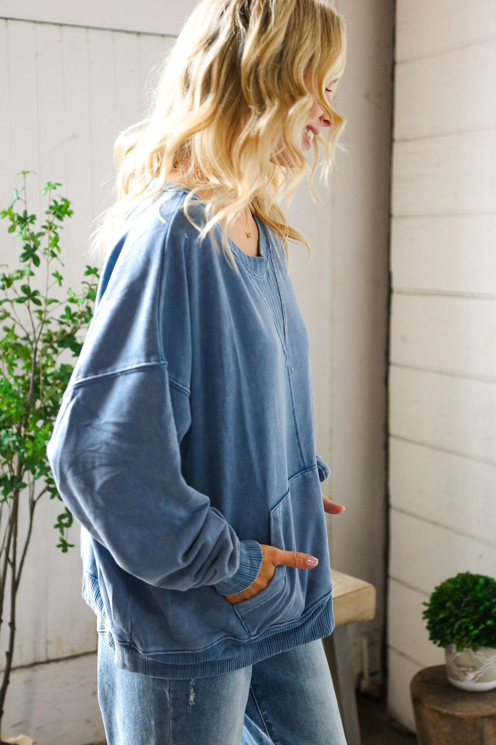 Washed and Worn Denim Ribbed Front Pocket Pullover