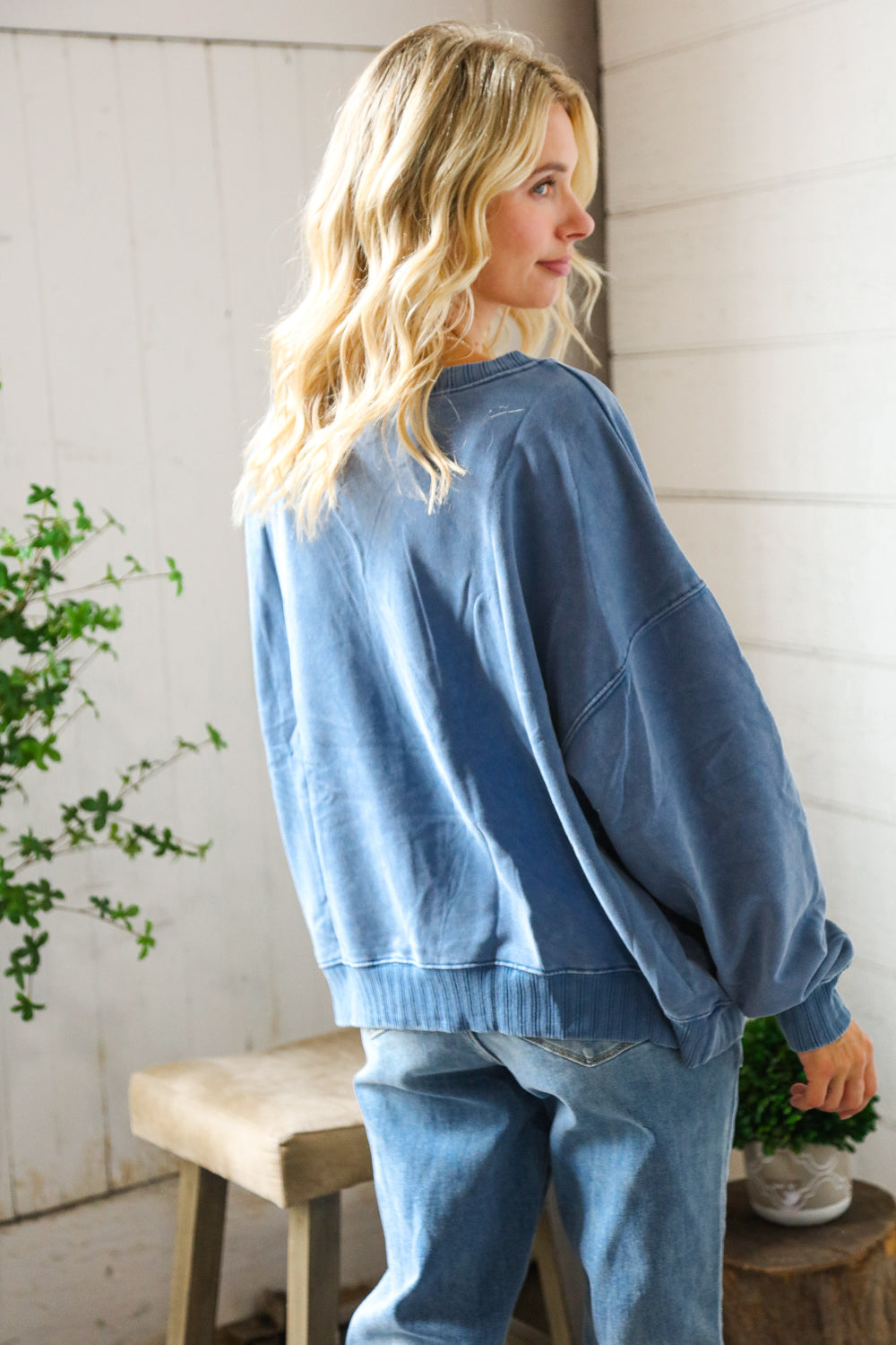 Washed and Worn Denim Ribbed Front Pocket Pullover