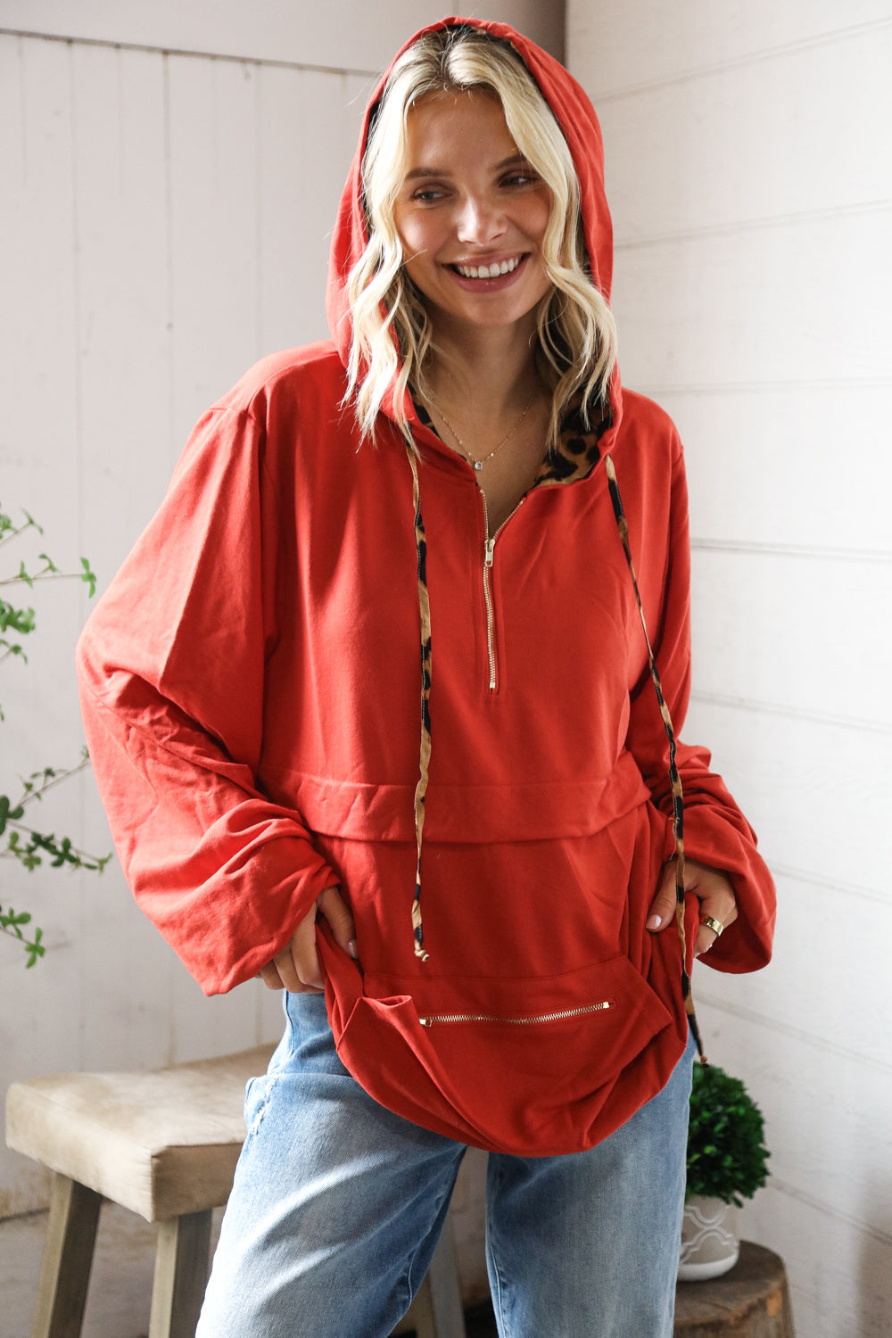 Bold Moves Leopard Zip Pocketed Pullover