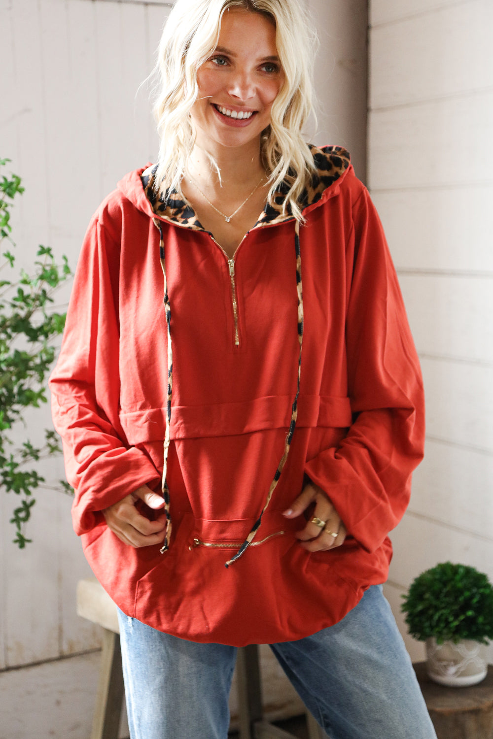 Bold Moves Leopard Zip Pocketed Pullover