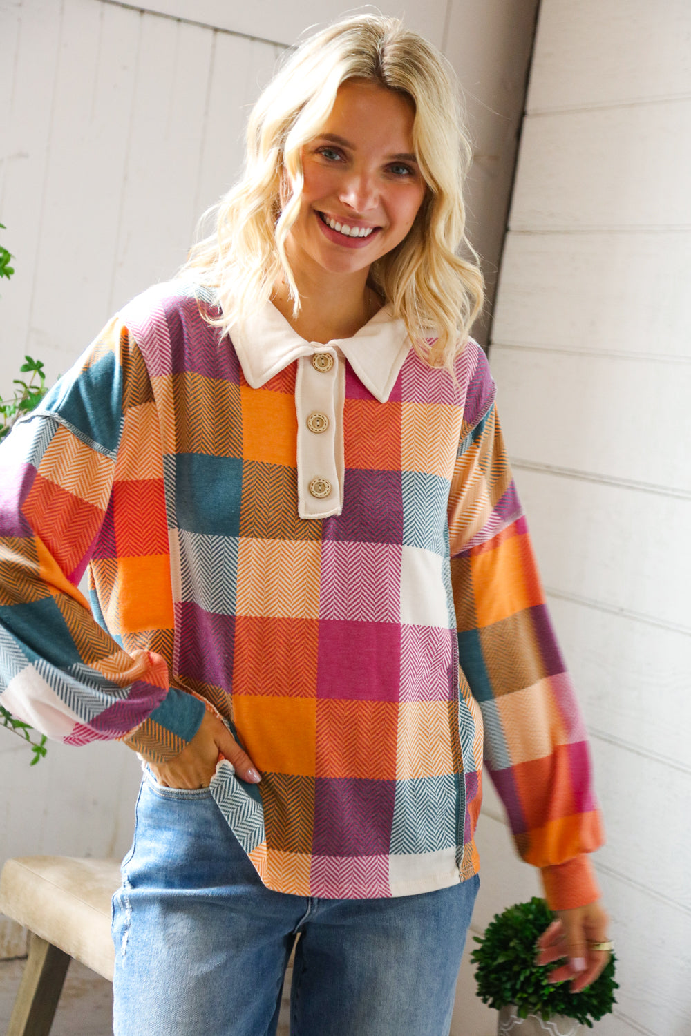 Berry Bright Days Patchwork Collared Reverse Seem Placket