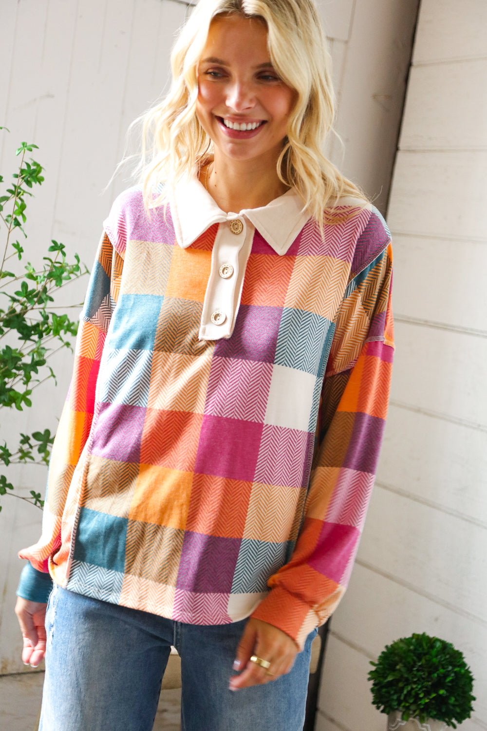 Berry Bright Days Patchwork Collared Reverse Seem Placket