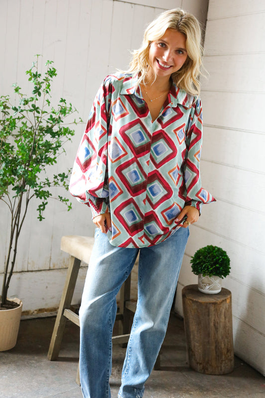 Mint To Be V Neck Bubble Sleeve Silky Collared Blouse