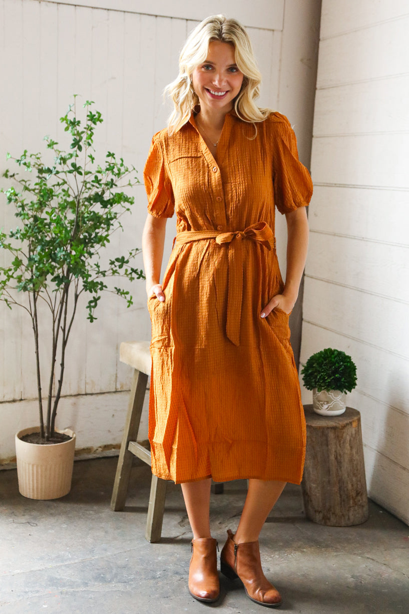 Elegant You Rust Textured Short Sleeve Tie Belt Dress