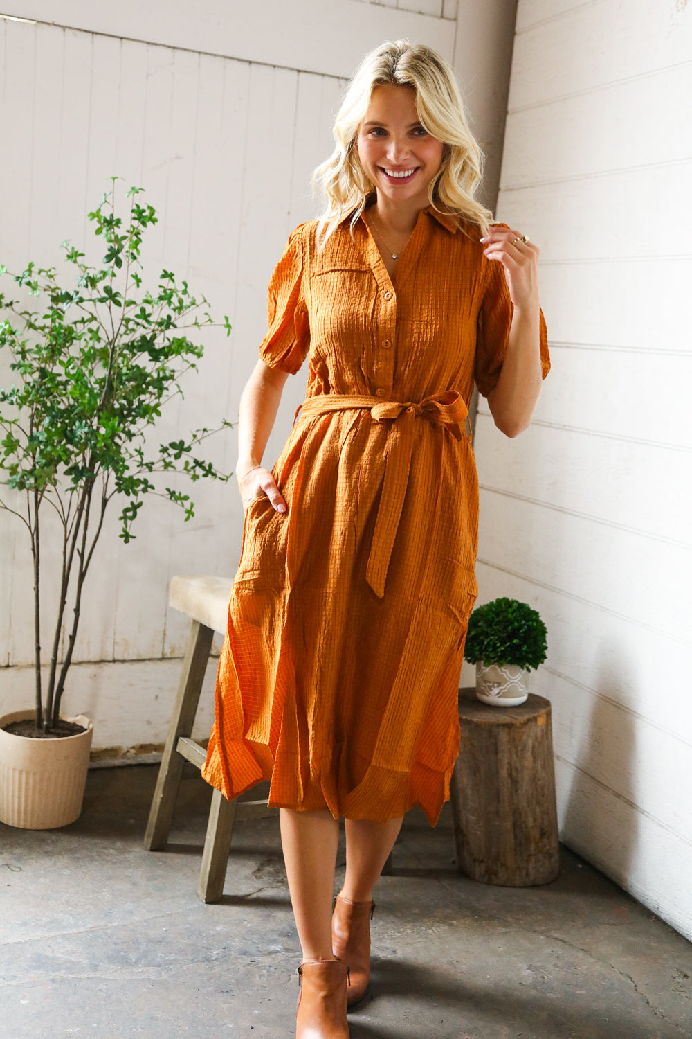 Elegant You Rust Textured Short Sleeve Tie Belt Dress