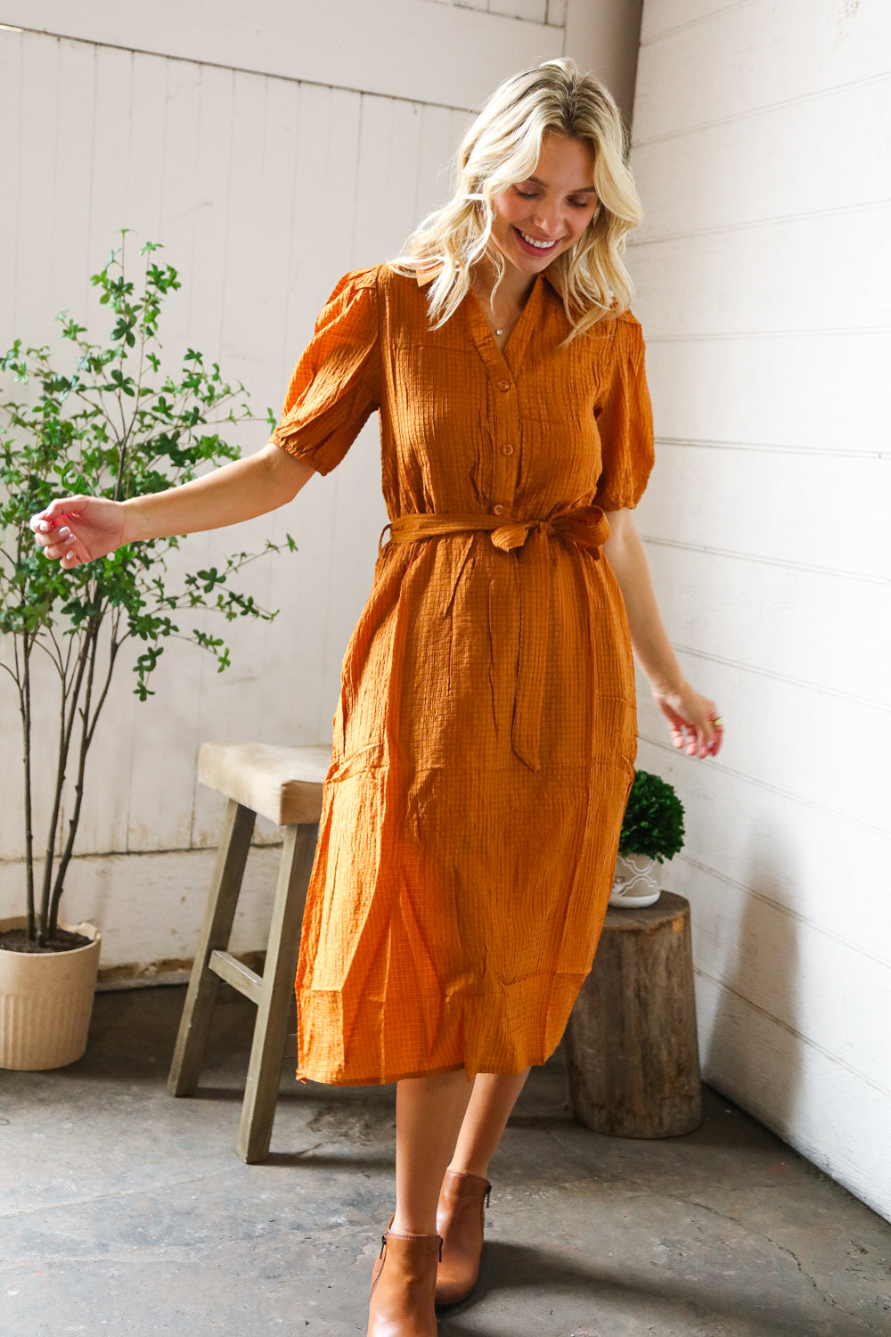 Elegant You Rust Textured Short Sleeve Tie Belt Dress