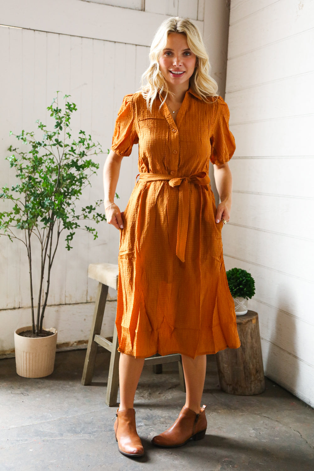 Elegant You Rust Textured Short Sleeve Tie Belt Dress