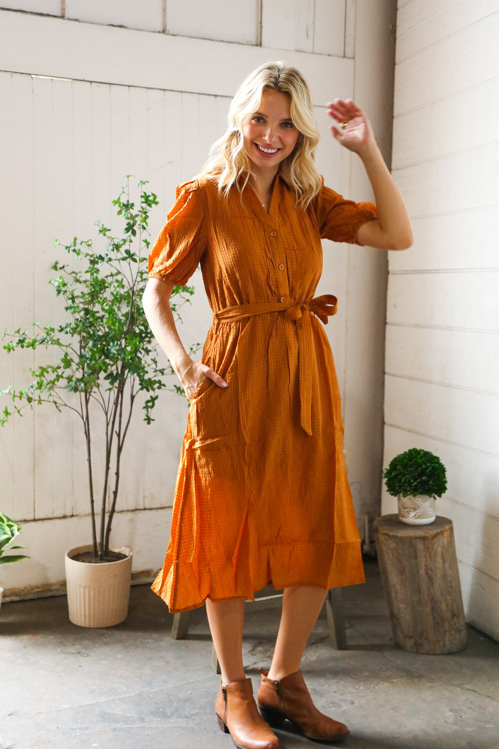 Elegant You Rust Textured Short Sleeve Tie Belt Dress