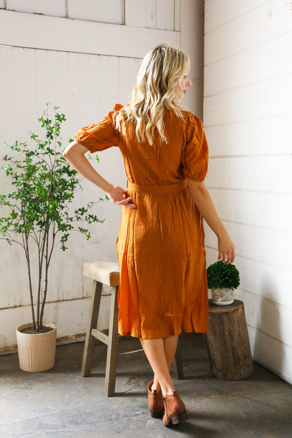 Elegant You Rust Textured Short Sleeve Tie Belt Dress
