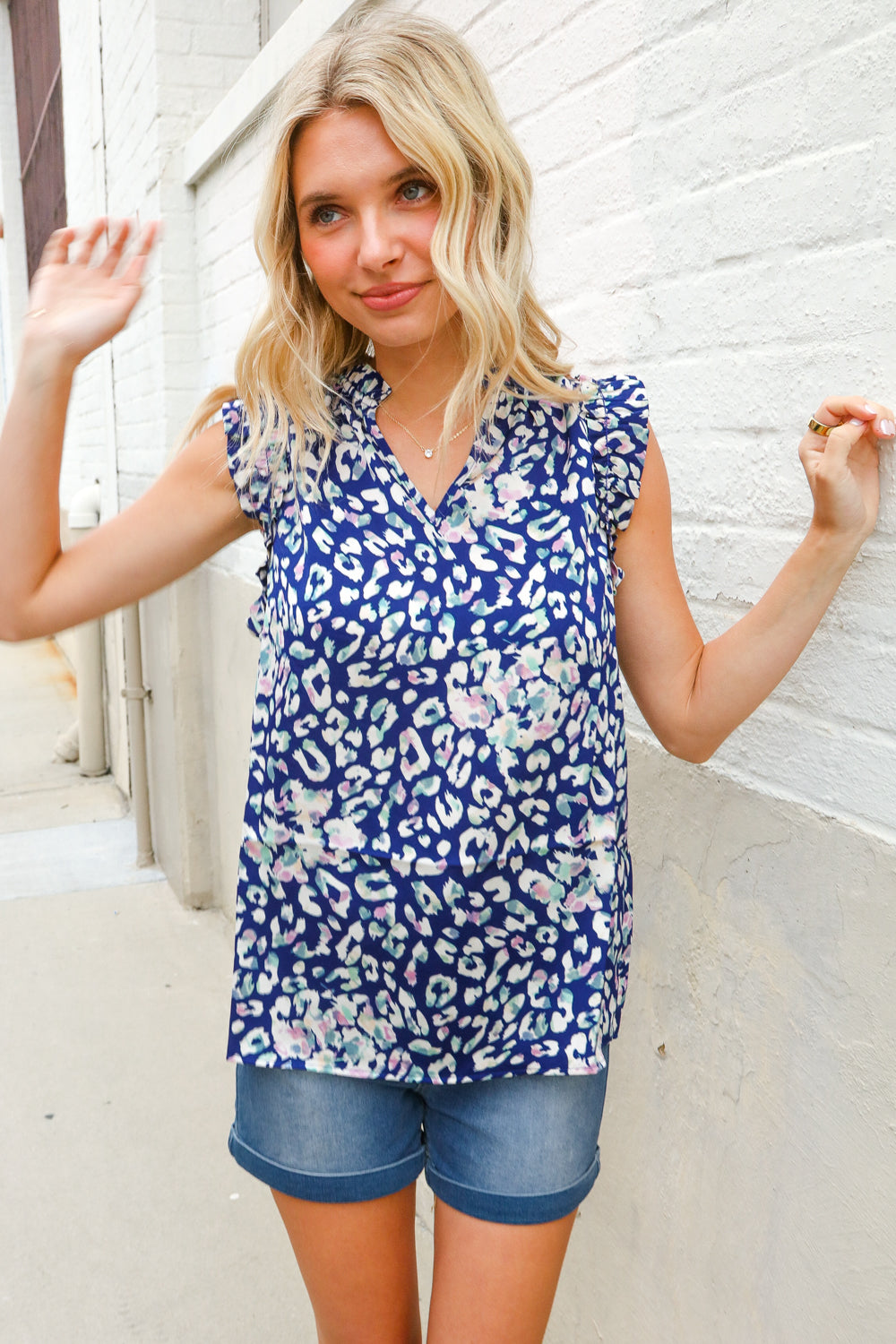 Dazzle In Cobalt Blue Leopard Print Frill Notch Neck Top