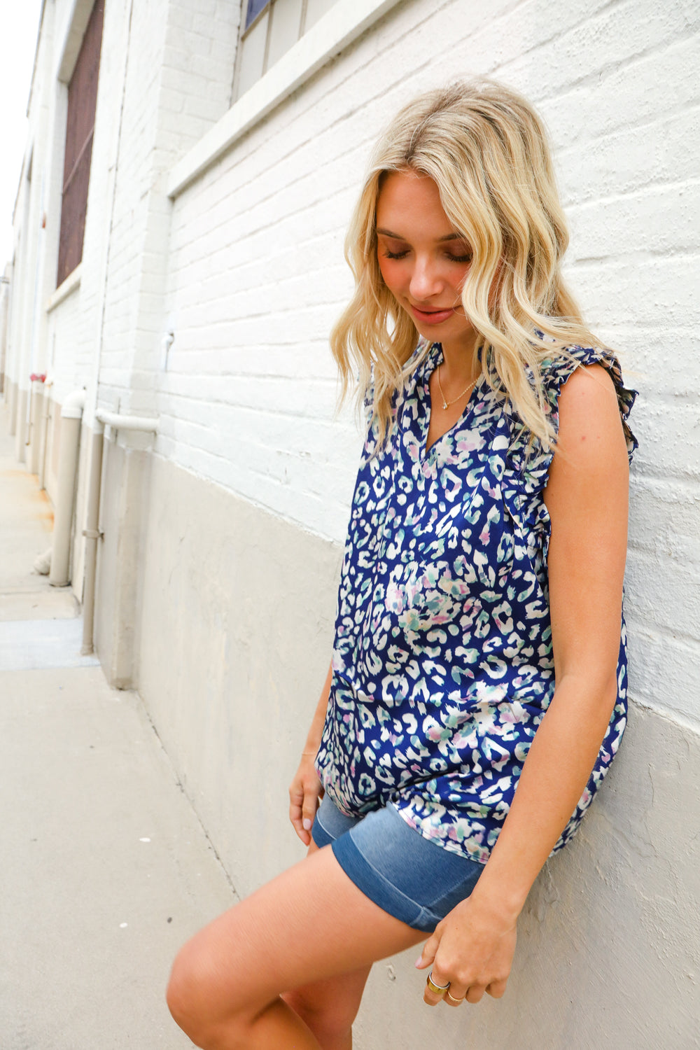 Dazzle In Cobalt Blue Leopard Print Frill Notch Neck Top