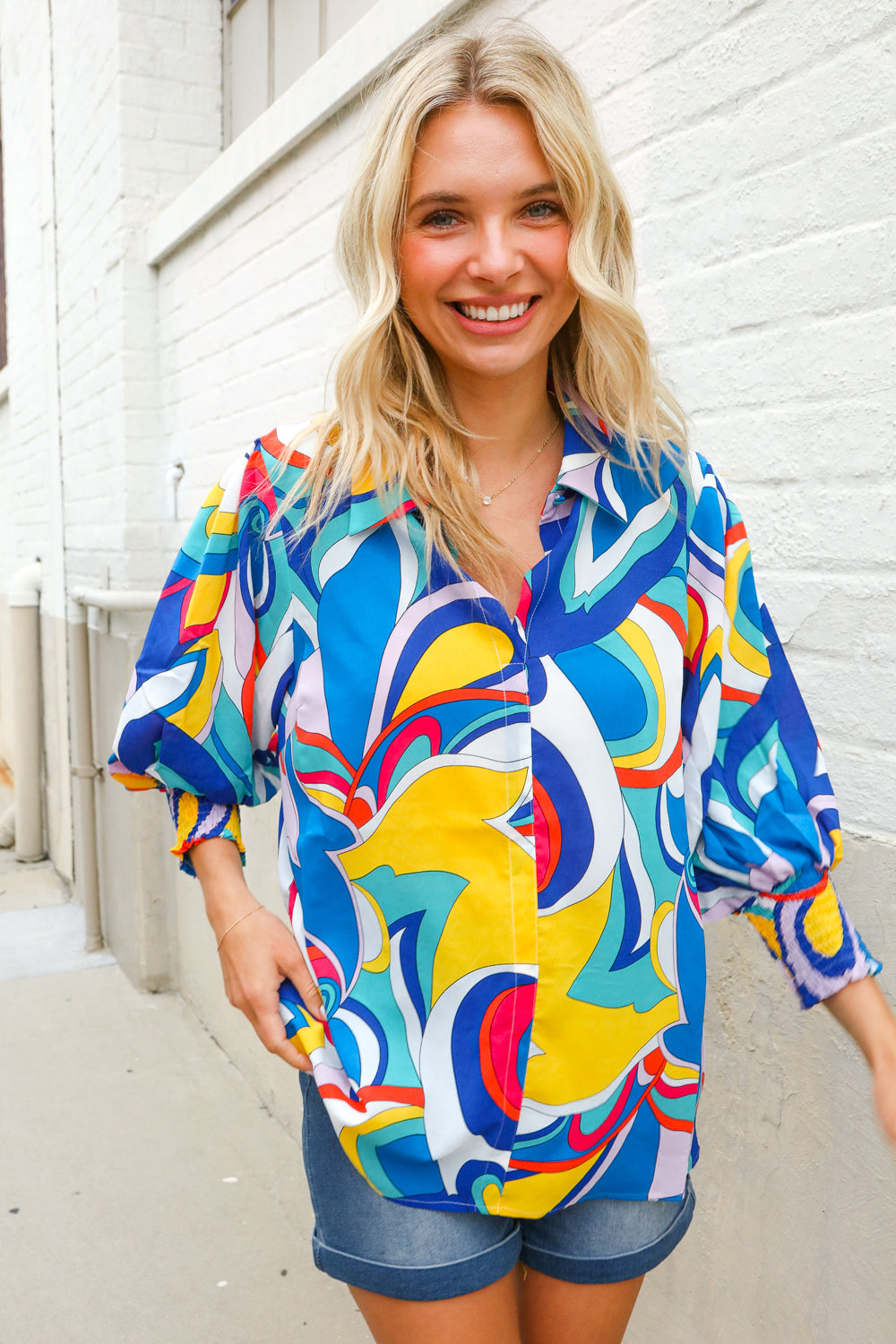 Best in Bold Abstract Print Button-Down Smock Sleeve Top