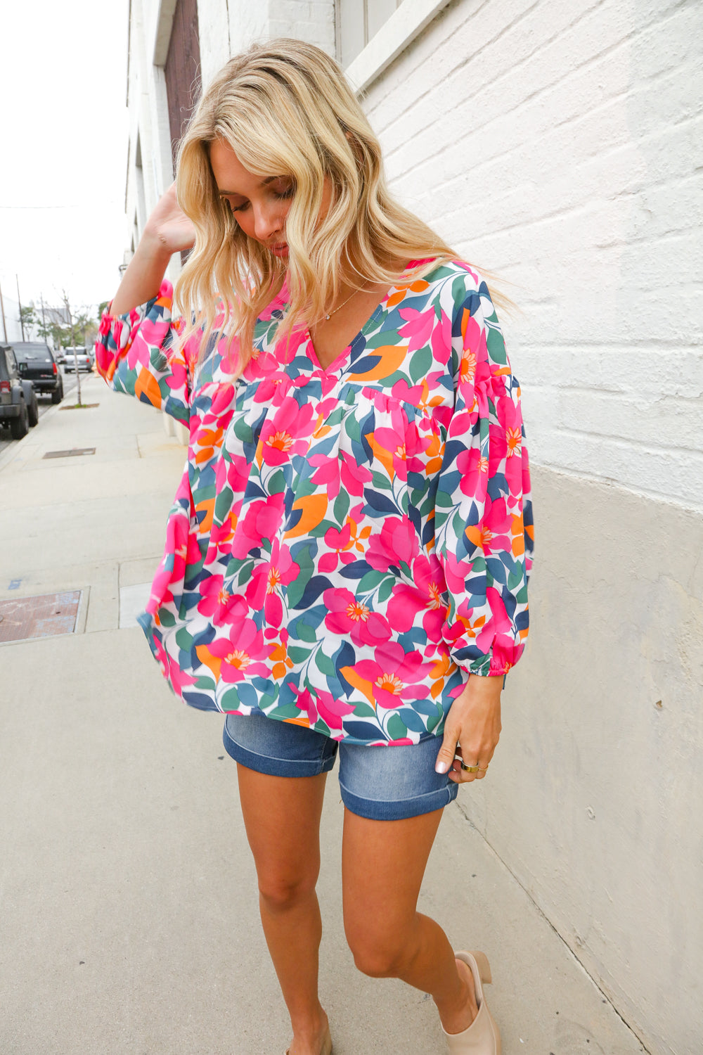Adorable You Multicolor Floral V Neck Elastic Bubble Sleeve Top