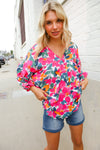 Adorable You Multicolor Floral V Neck Elastic Bubble Sleeve Top