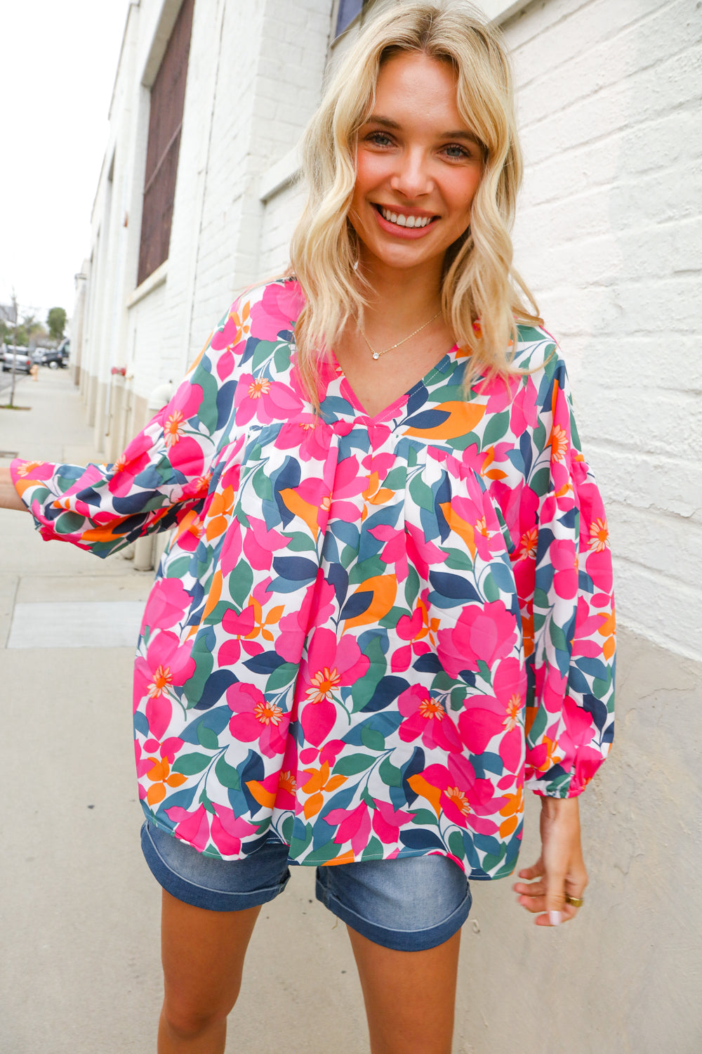 Adorable You Multicolor Floral V Neck Elastic Bubble Sleeve Top