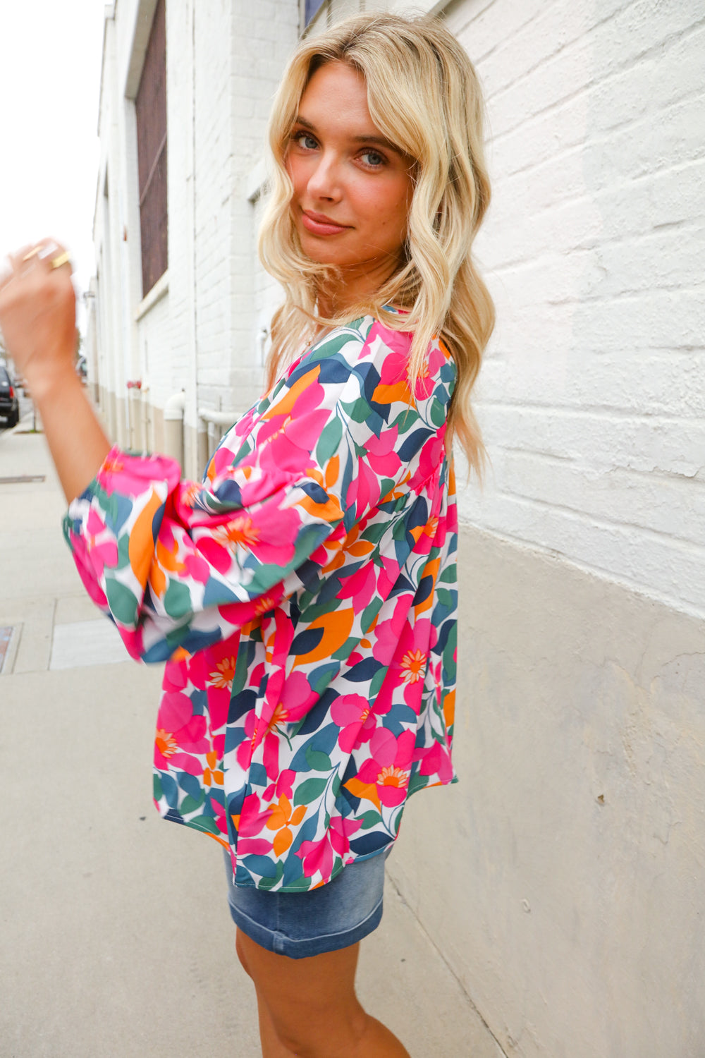 Adorable You Multicolor Floral V Neck Elastic Bubble Sleeve Top