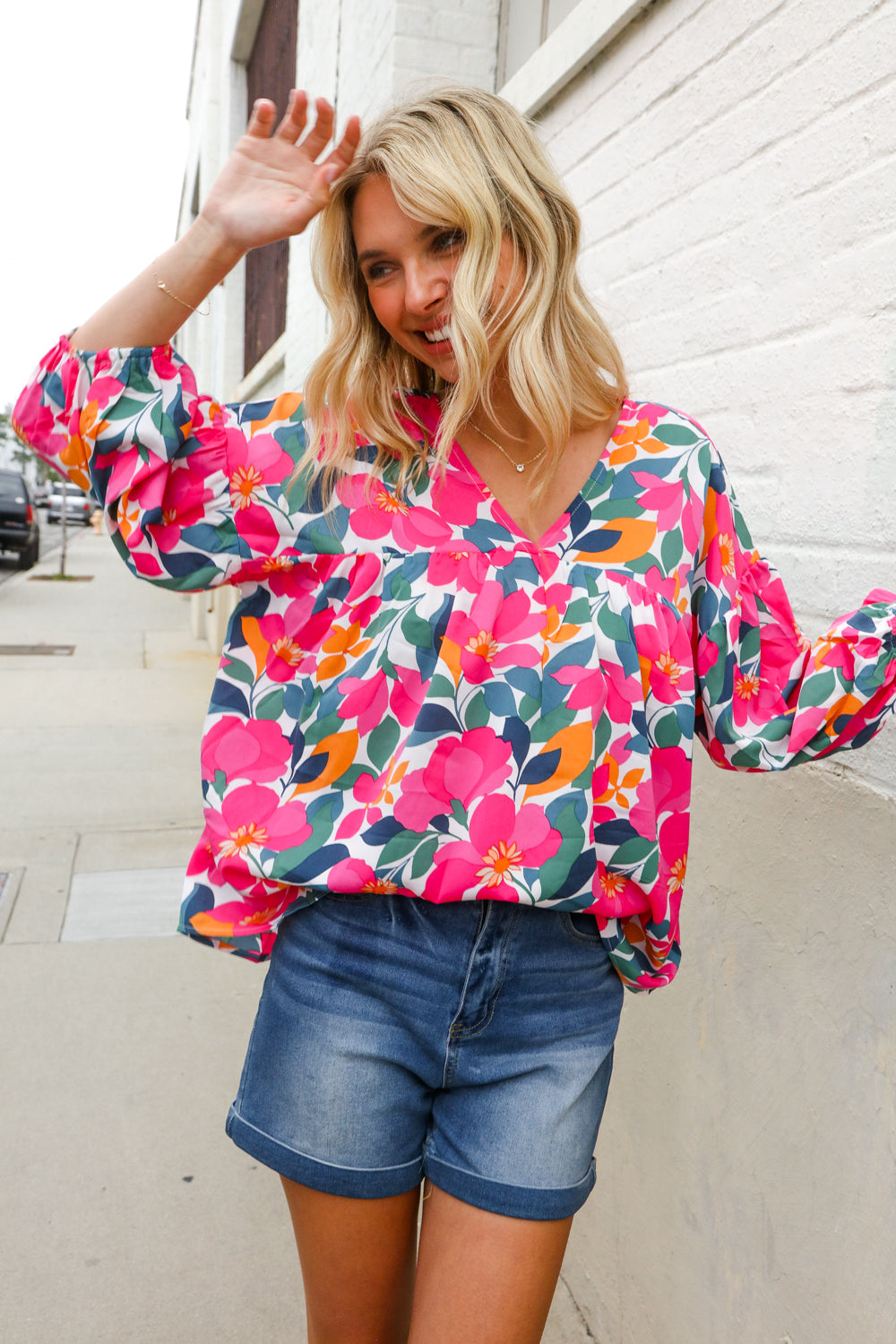 Adorable You Multicolor Floral V Neck Elastic Bubble Sleeve Top