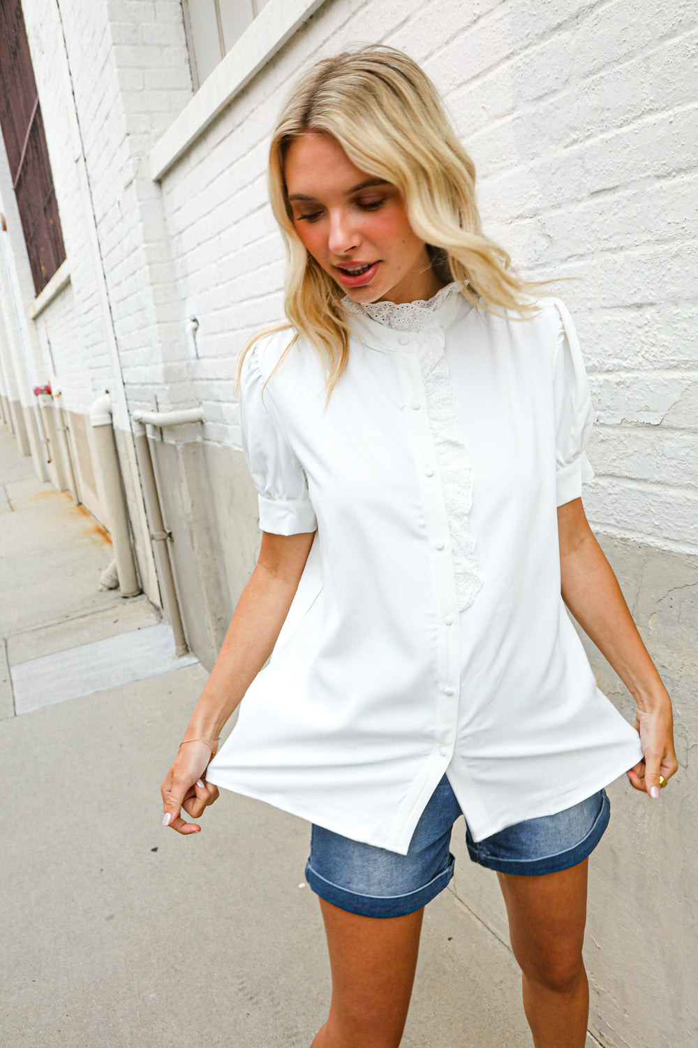 Put Together White Ruffle Crochet Puff Sleeve Button Down Top