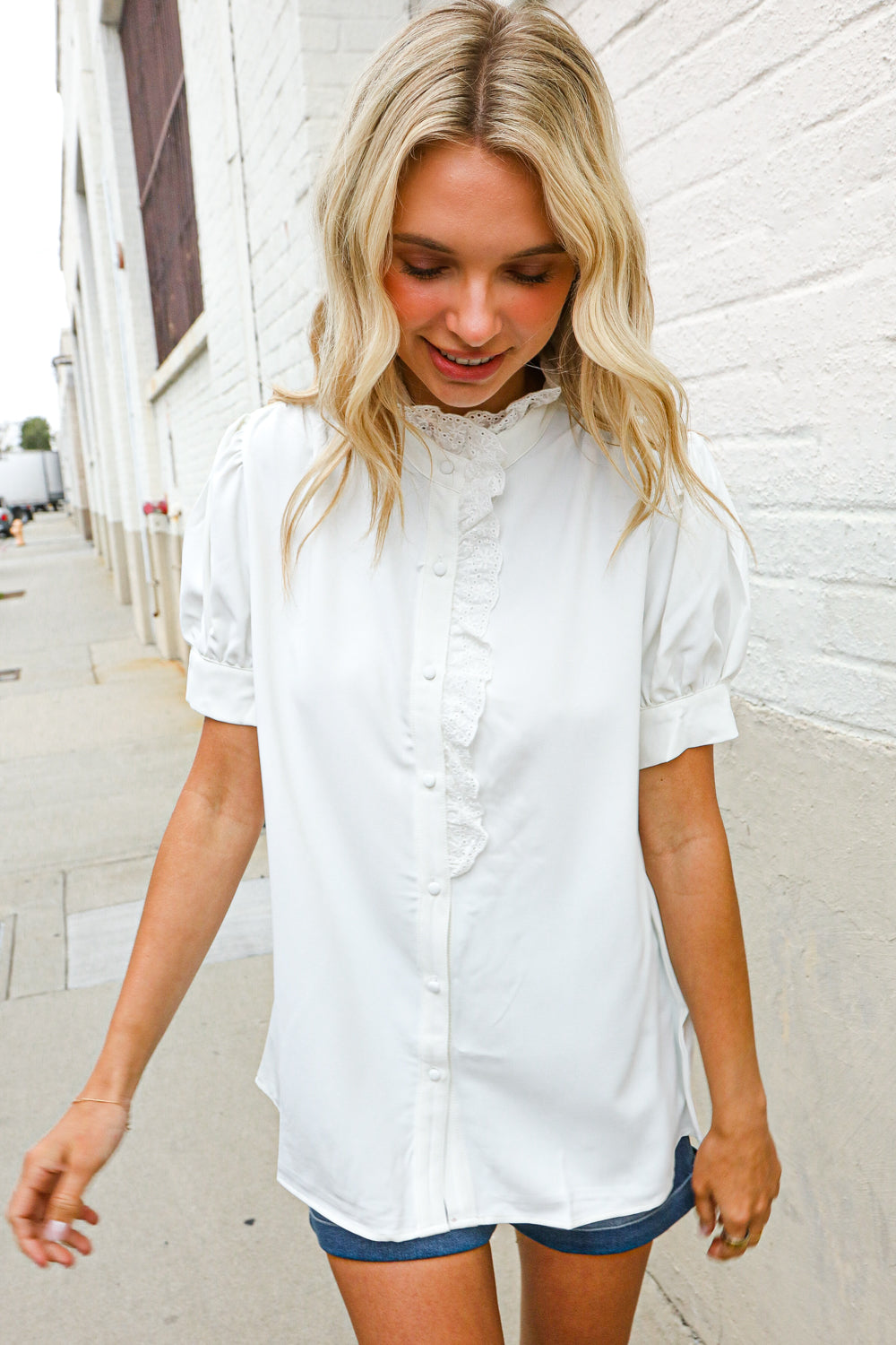 Put Together White Ruffle Crochet Puff Sleeve Button Down Top