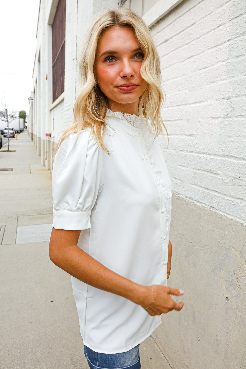 Put Together White Ruffle Crochet Puff Sleeve Button Down Top