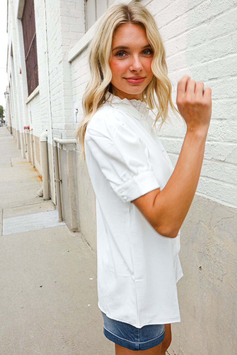 Put Together White Ruffle Crochet Puff Sleeve Button Down Top