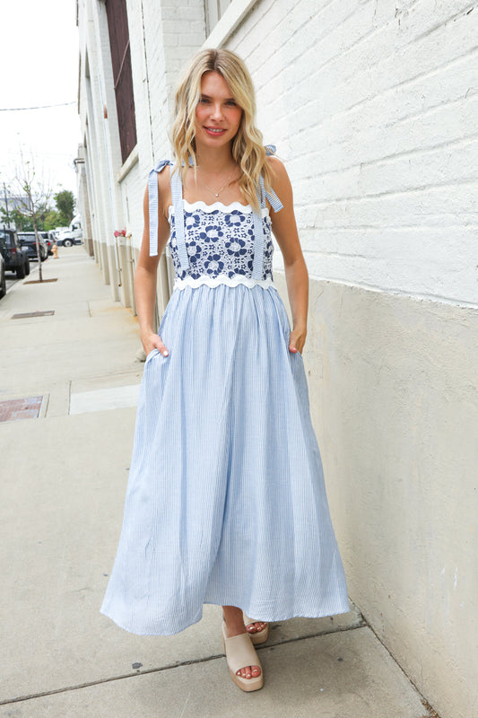 Feeling Femme Blue Floral Netted Yoke Stripe Ric Rack Dress