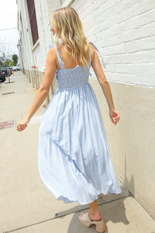 Feeling Femme Blue Floral Netted Yoke Stripe Ric Rack Dress