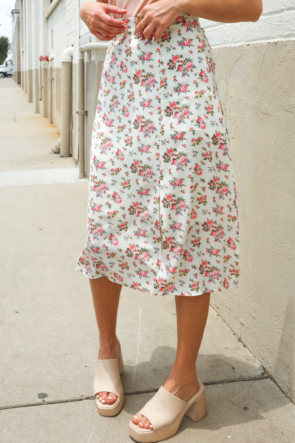 Put Together Ivory Front Slit Floral Print Lined Midi Skirt