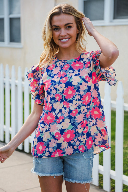 Vacay Ready Blue & Fuchsia Floral Smocked Ruffle Sleeve Top