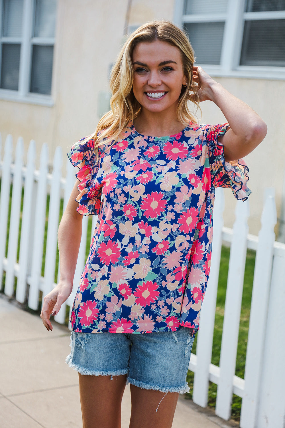 Vacay Ready Blue & Fuchsia Floral Smocked Ruffle Sleeve Top