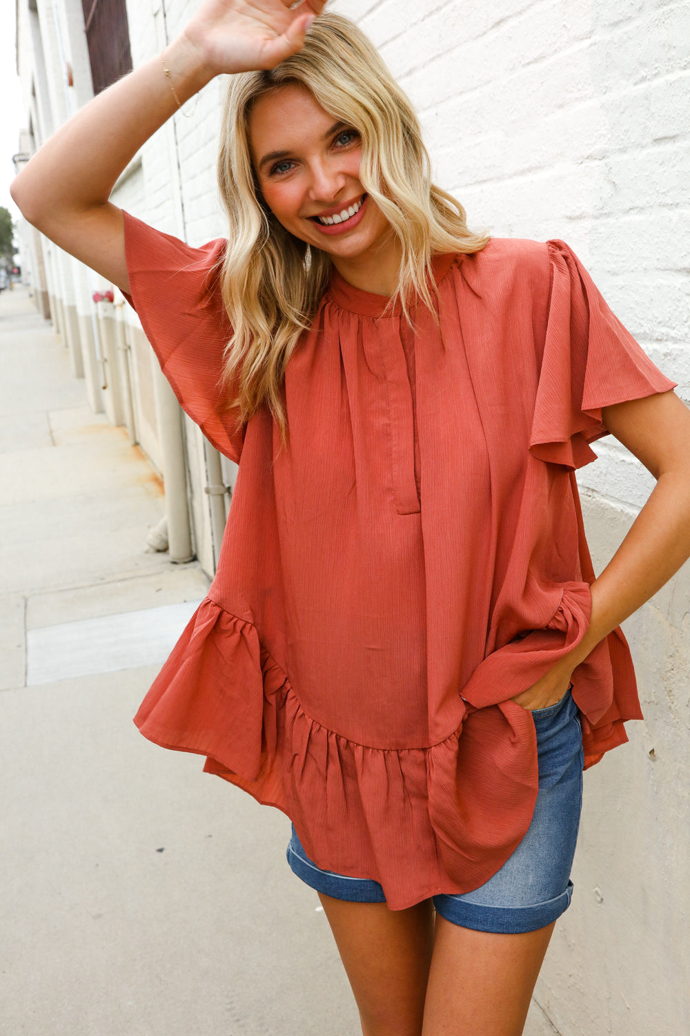 Diva Dreams Bronze Babydoll Flutter Sleeve Ruffle Hem Top