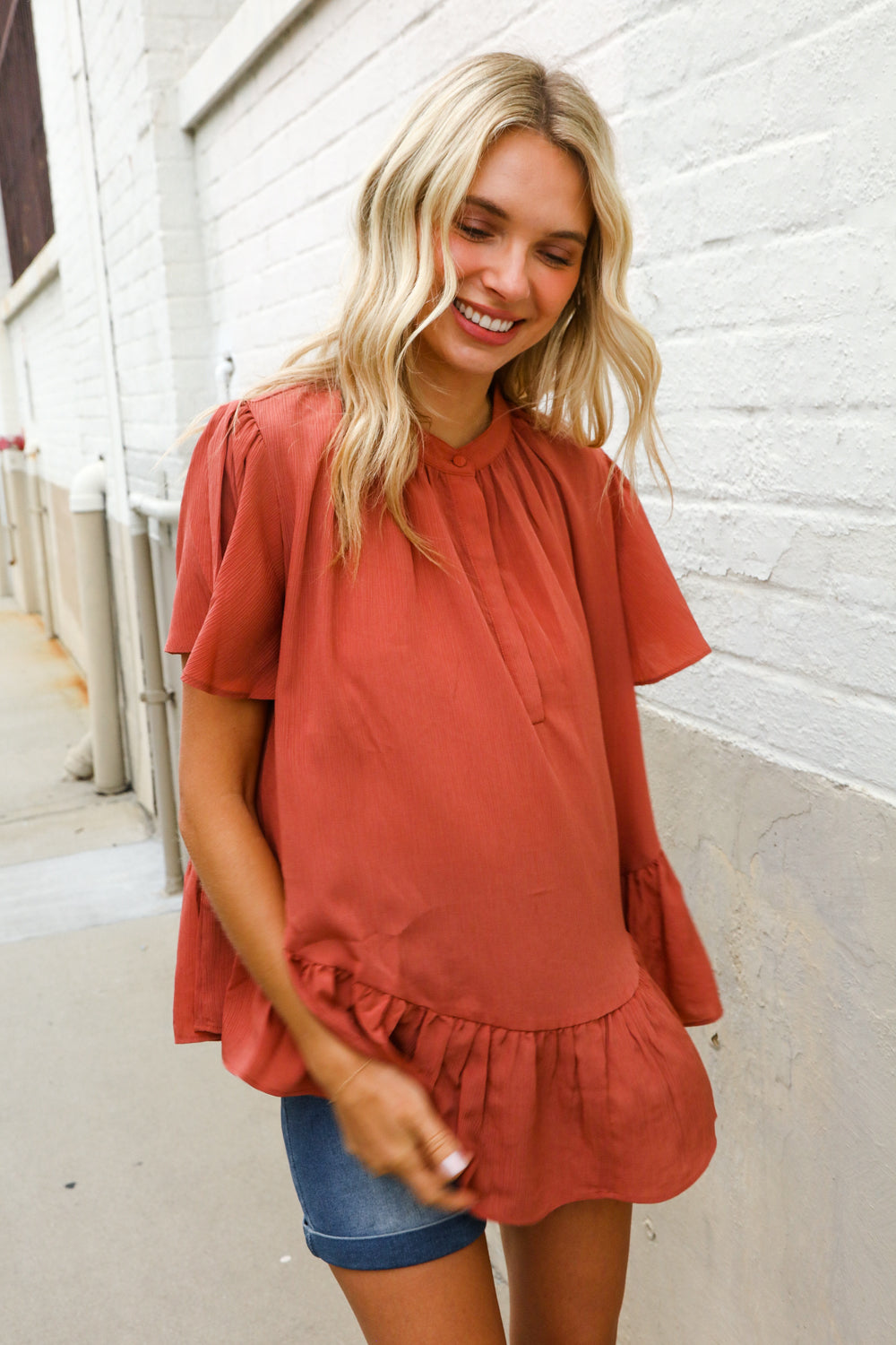 Diva Dreams Bronze Babydoll Flutter Sleeve Ruffle Hem Top