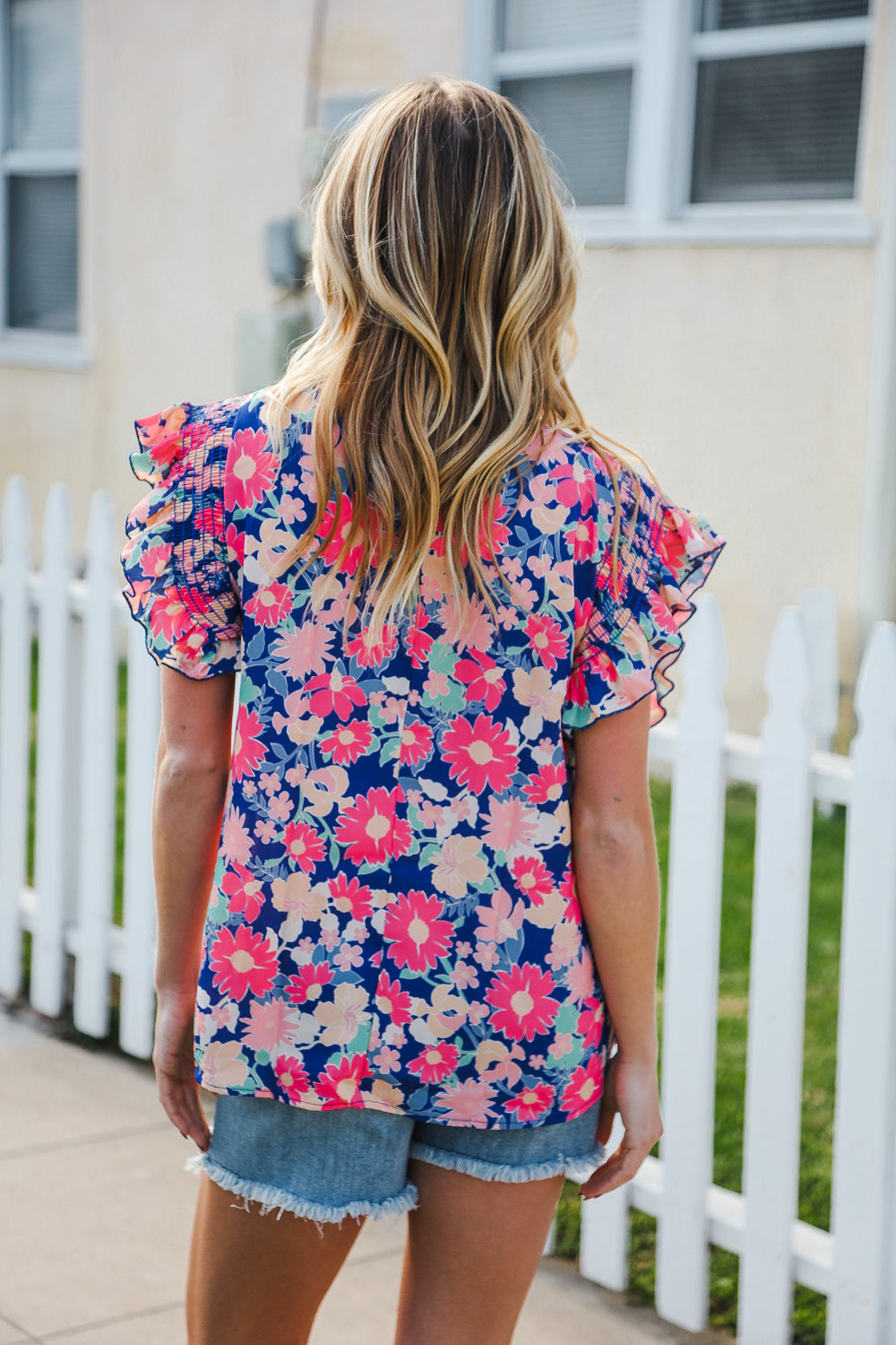 Vacay Ready Blue & Fuchsia Floral Smocked Ruffle Sleeve Top