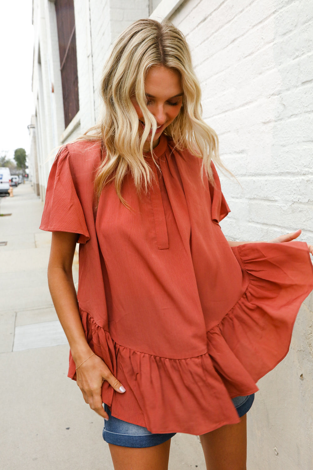 Diva Dreams Bronze Babydoll Flutter Sleeve Ruffle Hem Top