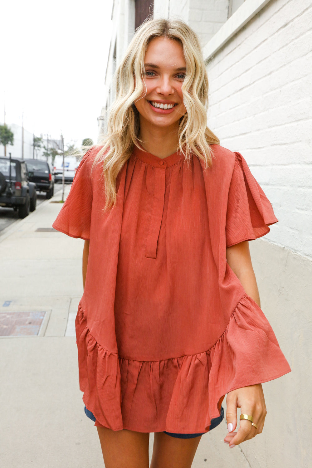 Diva Dreams Bronze Babydoll Flutter Sleeve Ruffle Hem Top