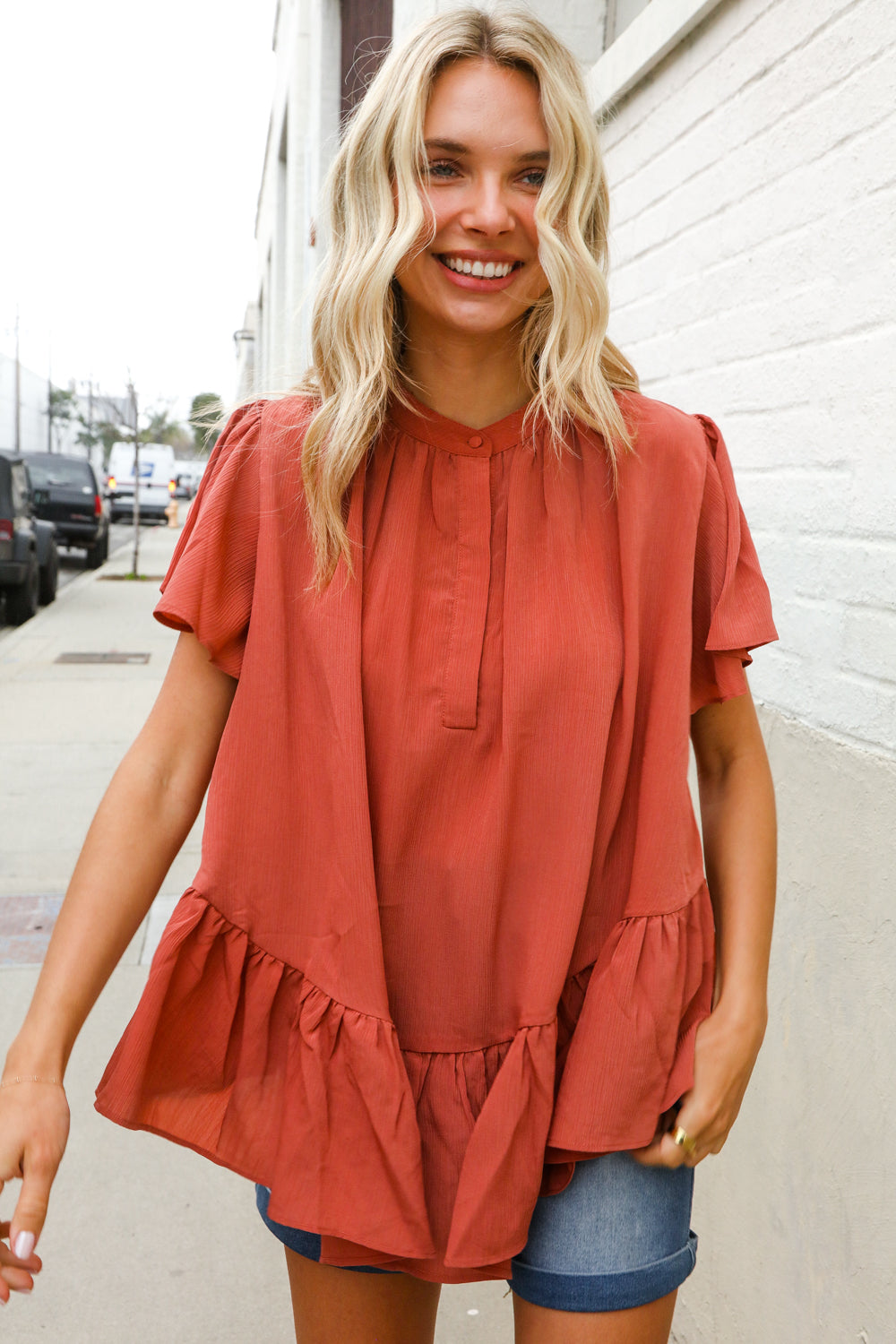 Diva Dreams Bronze Babydoll Flutter Sleeve Ruffle Hem Top