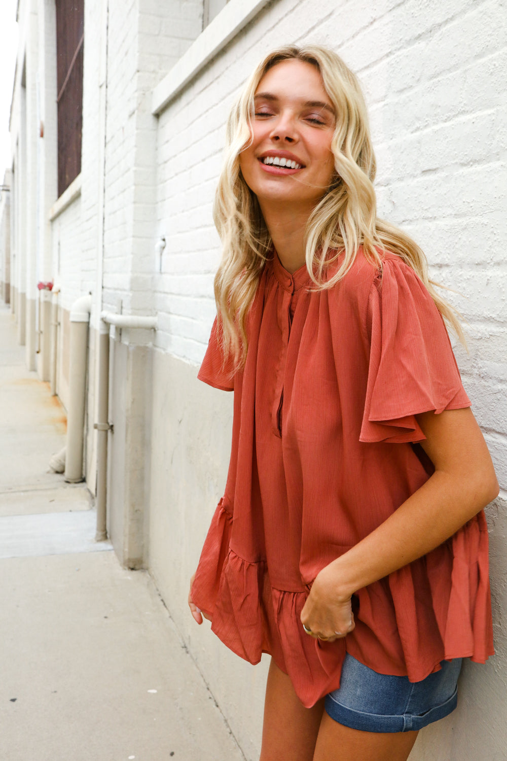 Diva Dreams Bronze Babydoll Flutter Sleeve Ruffle Hem Top