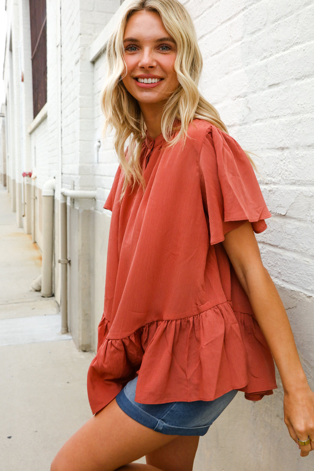 Diva Dreams Bronze Babydoll Flutter Sleeve Ruffle Hem Top