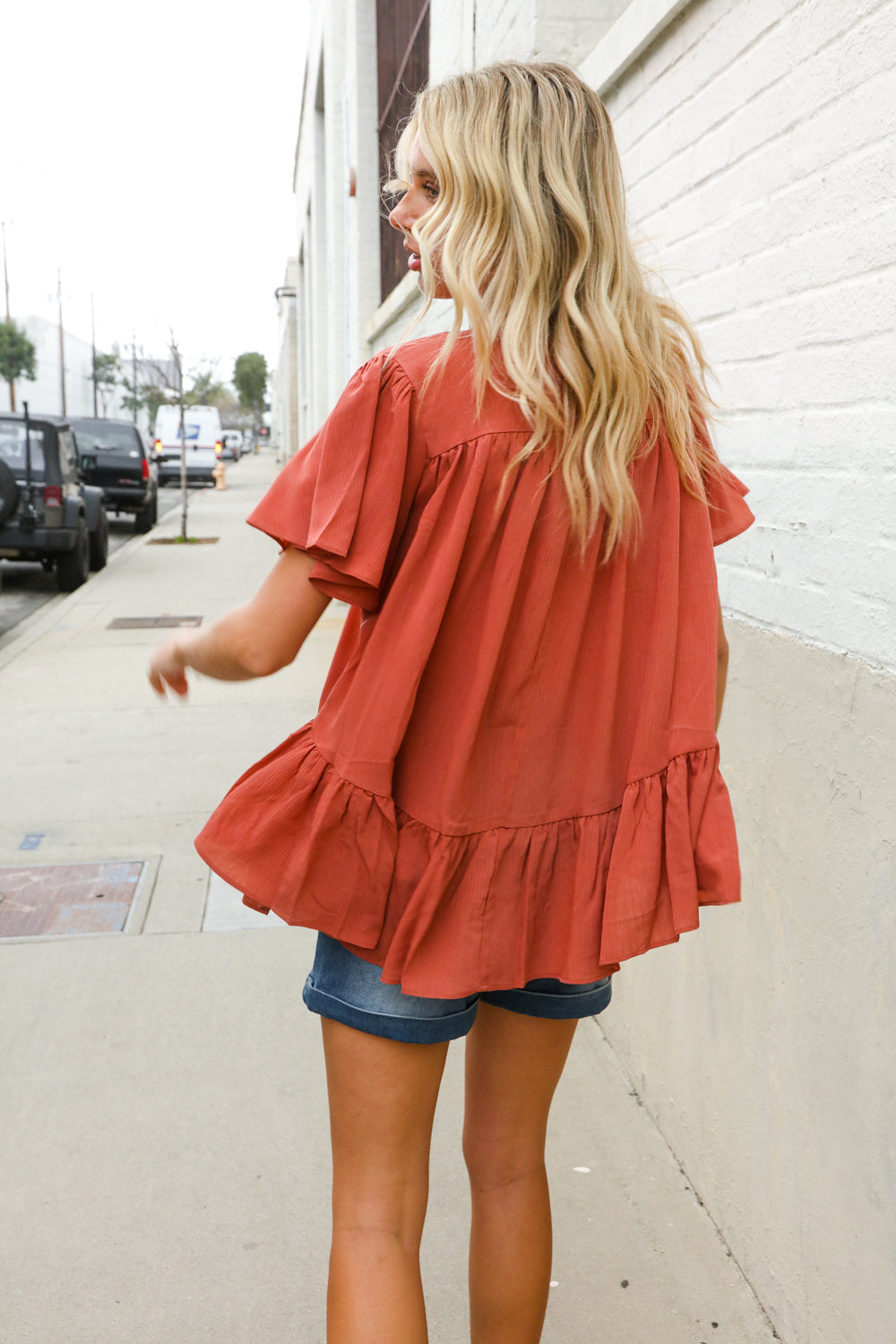 Diva Dreams Bronze Babydoll Flutter Sleeve Ruffle Hem Top