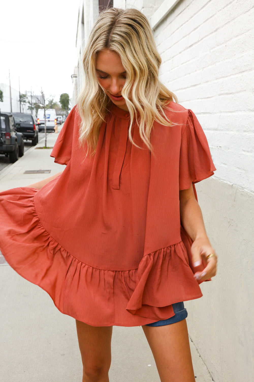 Diva Dreams Bronze Babydoll Flutter Sleeve Ruffle Hem Top