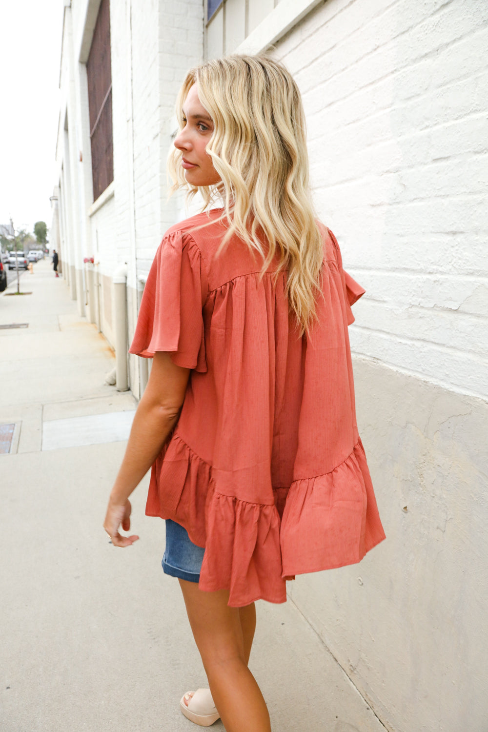 Diva Dreams Bronze Babydoll Flutter Sleeve Ruffle Hem Top