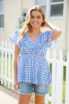 Hello Beautiful Blue Plaid V Neck Ruffle Elastic Babydoll Top