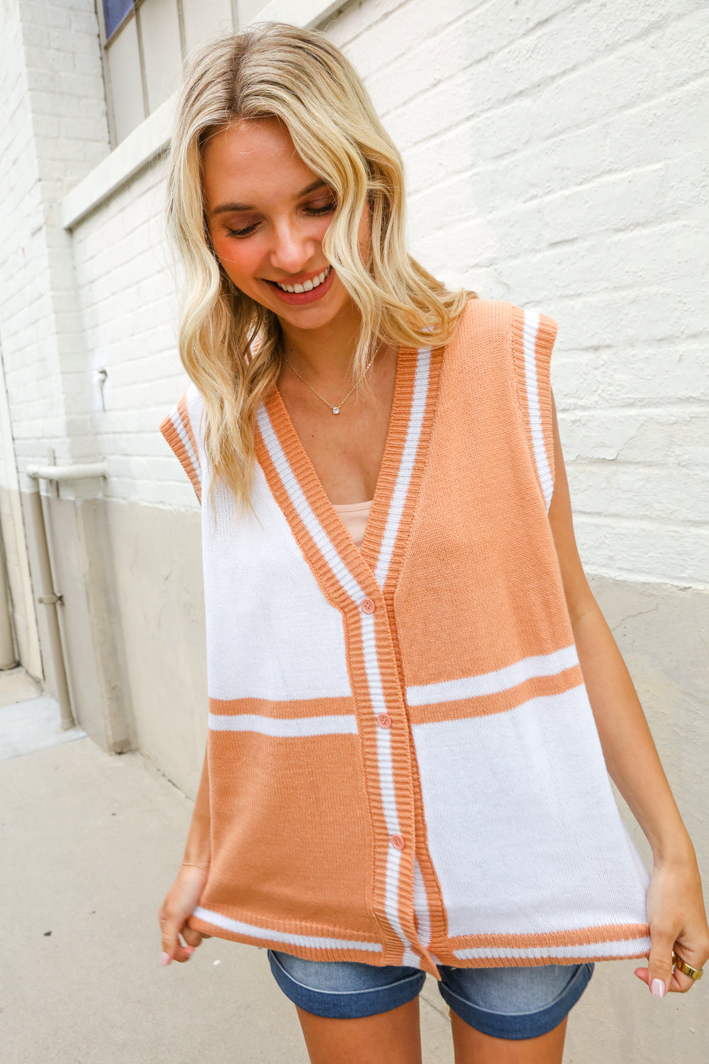 Put Together Orange V Neck Button Down Color Block Sweater Vest