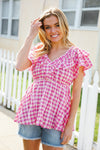 Hello Beautiful Fuchsia Plaid V Neck Ruffle Elastic Babydoll Top