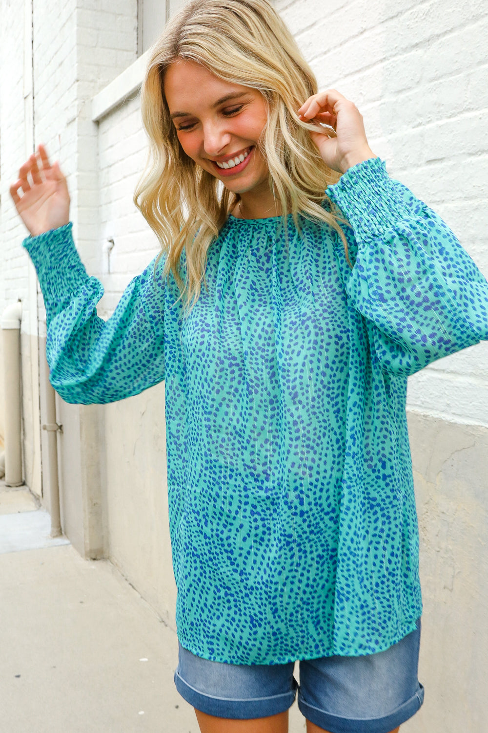 It's Your Day Aqua Semi Sheer Dot Print Back Neck Button Top