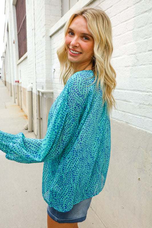 It's Your Day Aqua Semi Sheer Dot Print Back Neck Button Top